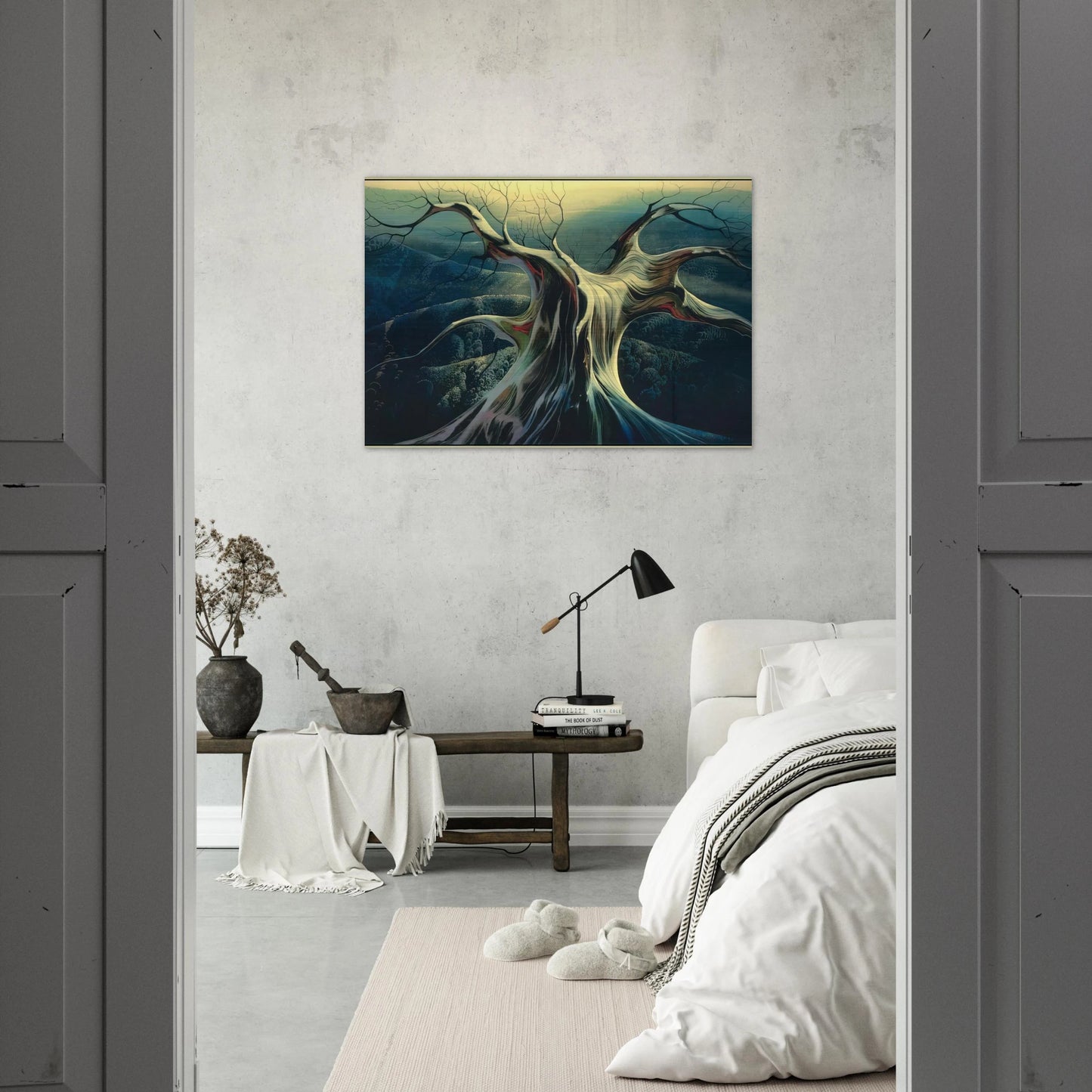 Moonlit Tree Trunk - Eyvind Earle Brushed Aluminum Print - 70x100 cm / 28x40 inches | Eyvind Earle Aluminum Print | Eyvind Earle Prints