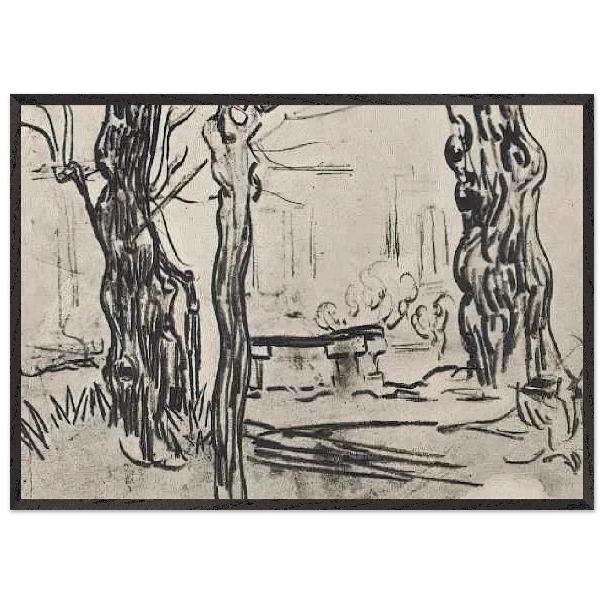 Garden of the Asylum and Tree Trunks and a Stone Bench - Vincent van Gogh Framed Art Print – Black Wooden Frame - Default Title - -Framed Art Print