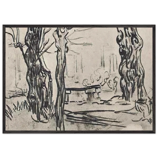 Garden of the Asylum and Tree Trunks and a Stone Bench - Vincent van Gogh 70x100 cm / 28x40 inches Framed Art Print – Black Wooden Frame