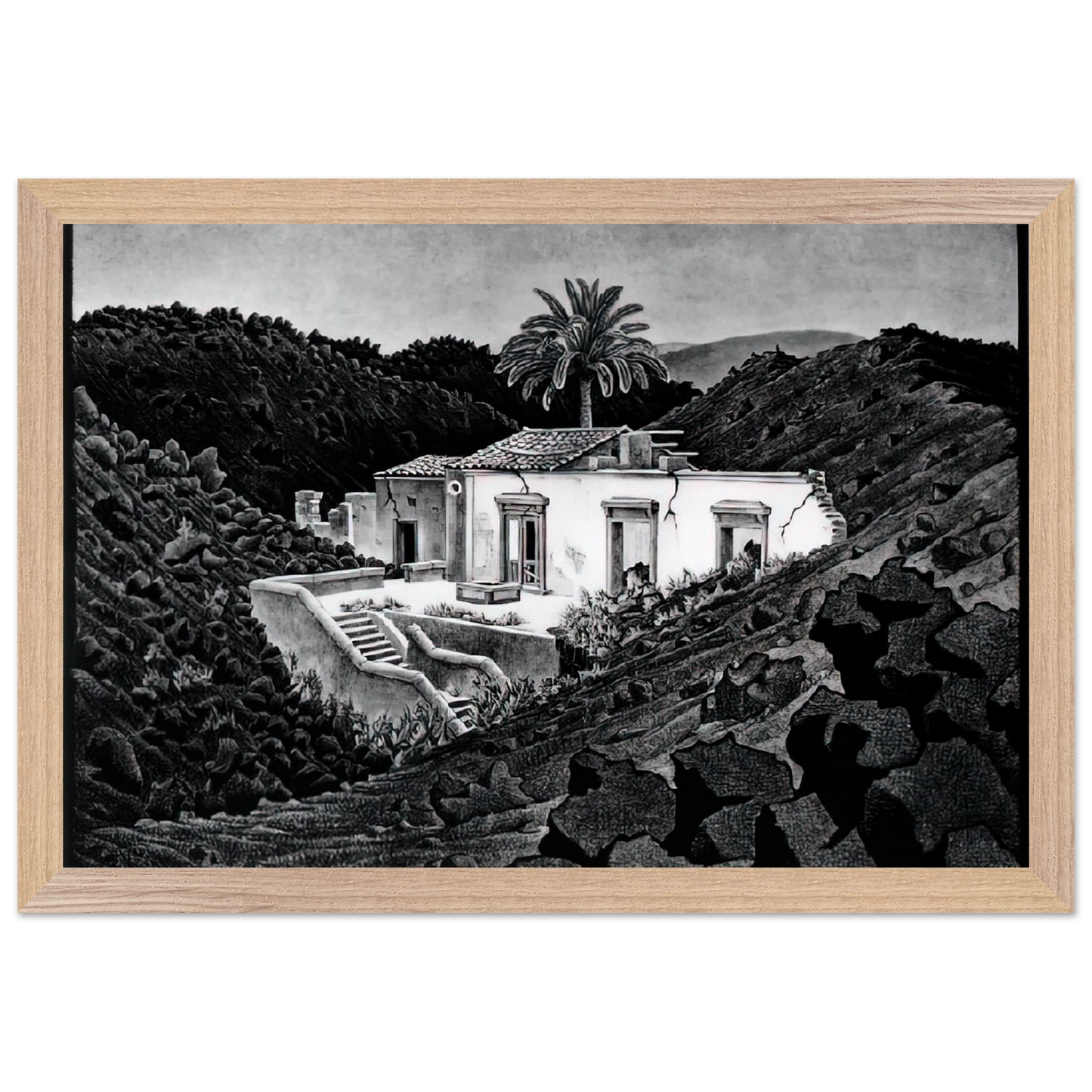 MC Escher - HOUSE IN THE LAVA NEAR NUNZIATA Wall Art - 30x40 cm / 12x16 inches - Premium Wooden Framed Poster With Fine Art Paper - Wood frame