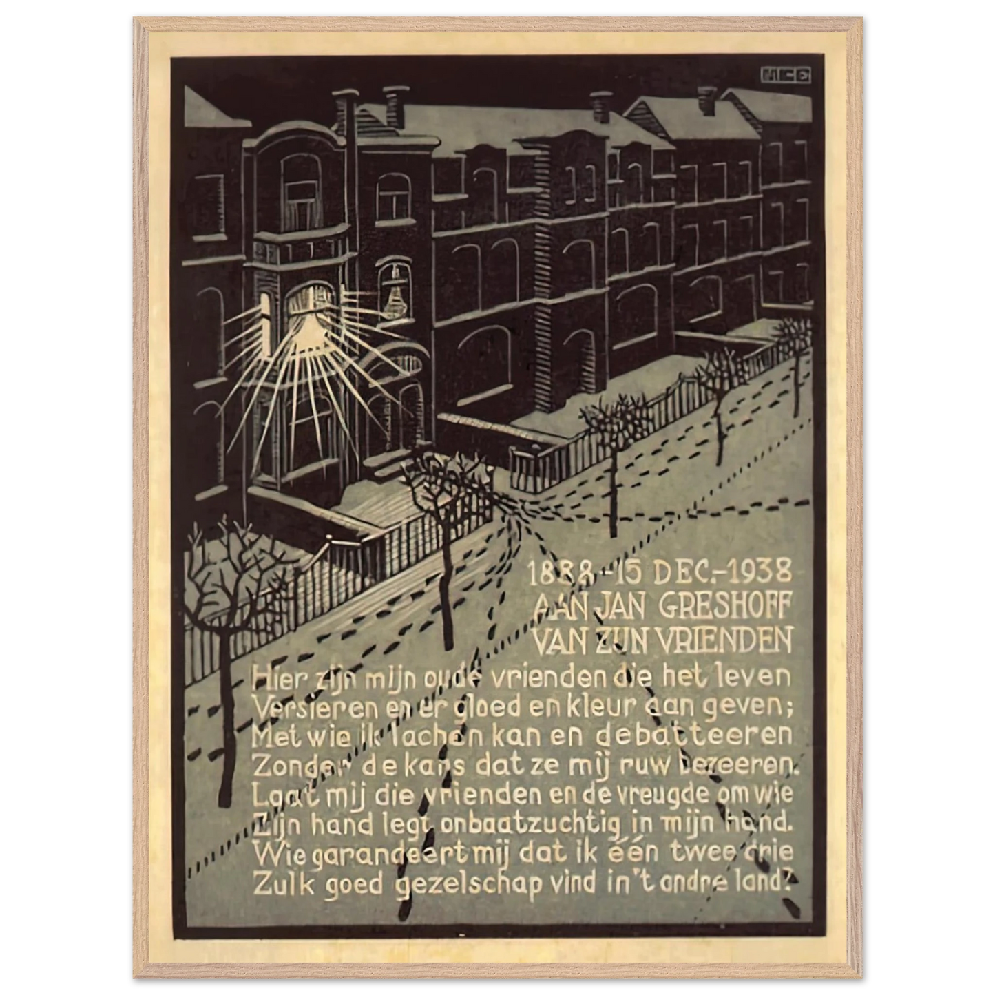 MC Escher - BIRTHDAY CARD FOR G GERSHOFF NOVEMBER 1938 1938 Wall Art - 60x80 cm / 24x32 inches - Premium Wooden Framed Poster With Fine Art Paper - Black frame