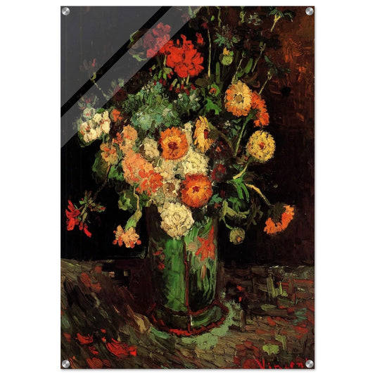 Vase with Zinnias and Geraniums - Vincent van Gogh Acrylic Print - 70x100 cm / 28x40″ inches | Vincent van Gogh Wall Art | Vincent van Gogh Prints
