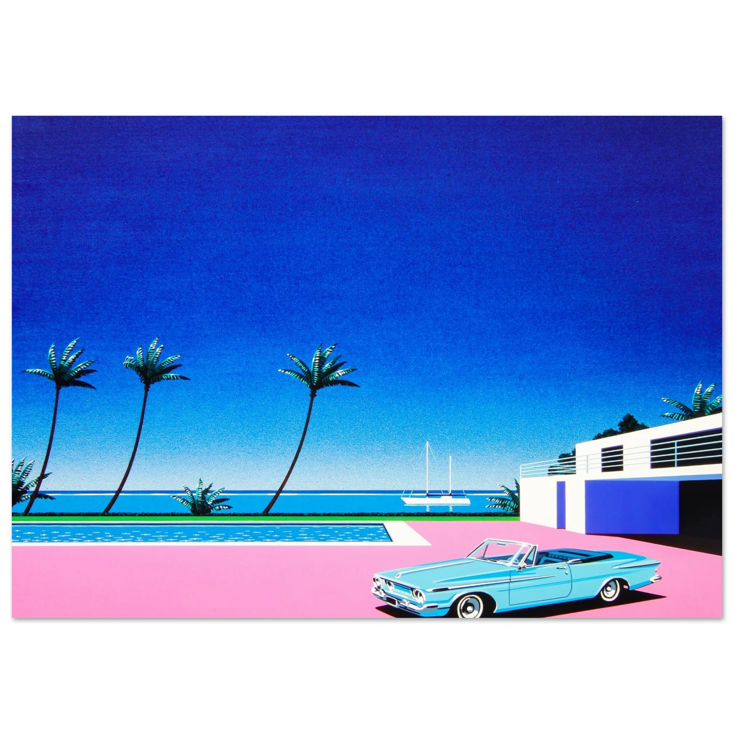 Hiroshi Nagai - Pink Driveway Wall Art - 60x80 cm / 24x32 inches - Premium Wooden Framed Poster With Fine Art Paper - White frame