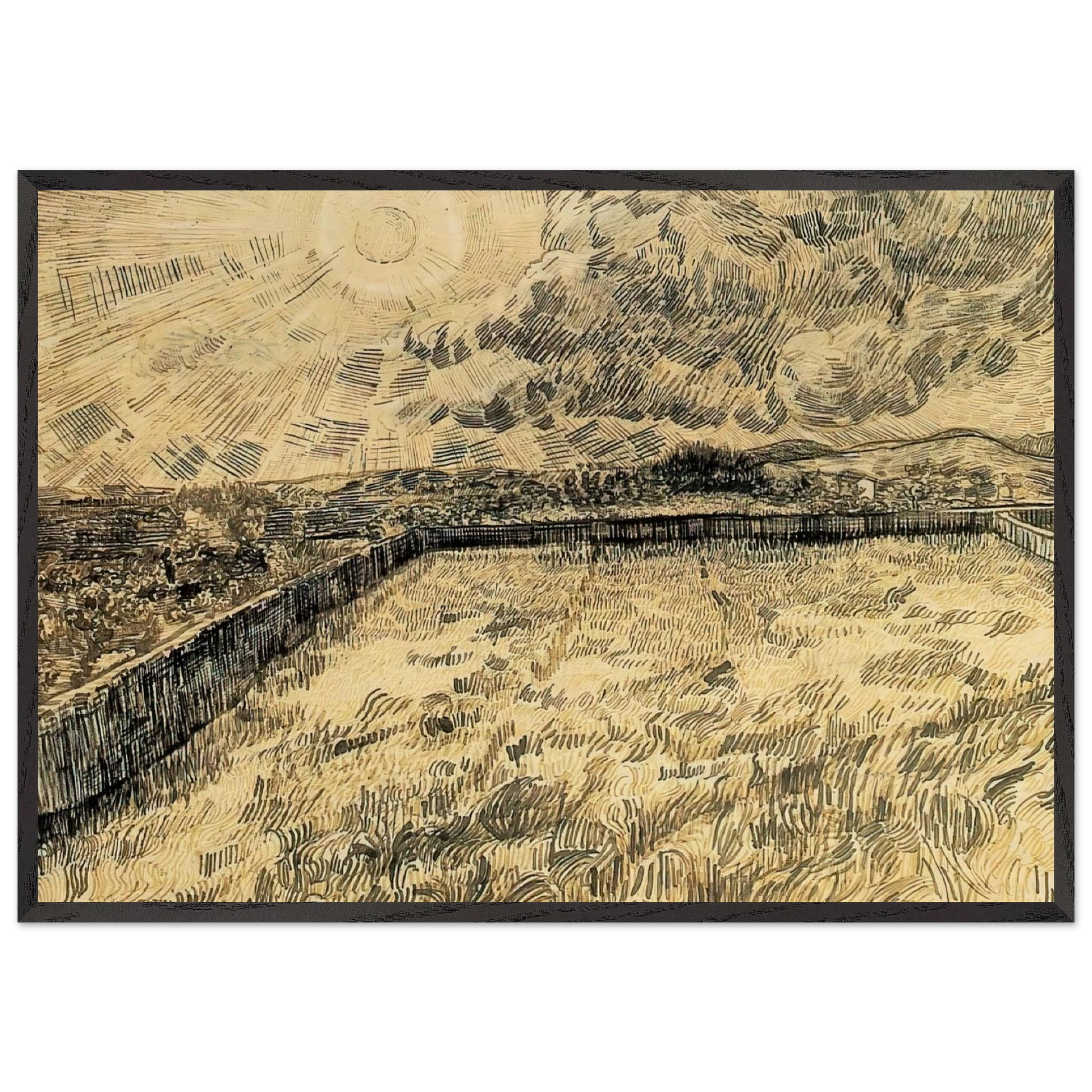 Wheat field with sun and cloud - Vincent van Gogh Framed Art Print – Black Wooden Frame - Default Title - -Framed Art Print