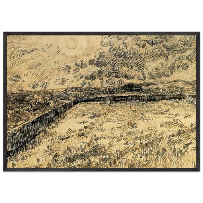 Wheat field with sun and cloud - Vincent van Gogh 70x100 cm / 28x40 inches Framed Art Print – Black Wooden Frame