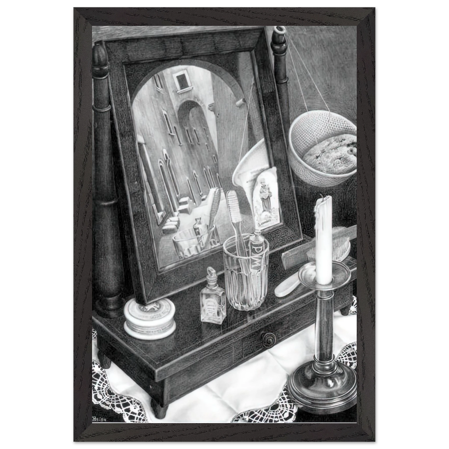 MC Escher - CANDLE MIRROR Wall Art - 21x29.7 cm / 8x12" - Premium Wooden Framed Poster With Fine Art Paper - Black frame