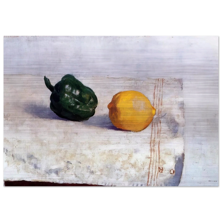 PEPPER AND LEMON ON A WHITE TABLECLOTH 1901 - Odilon Redon Brushed Aluminum Print - 70x100 cm / 28x40 inches | Odilon Redon Aluminum Print | Odilon Redon Prints