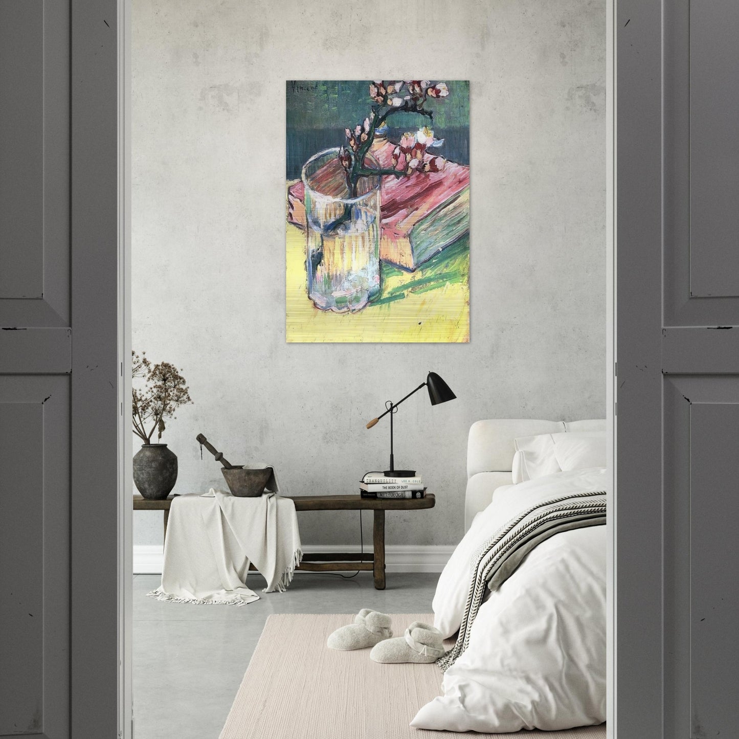 Blossoming Almond Branch in a Glass with a Book - Vincent van Gogh Brushed Aluminum Print - 70x100 cm / 28x40 inches | Vincent van Gogh Aluminum Print | Vincent van Gogh Prints