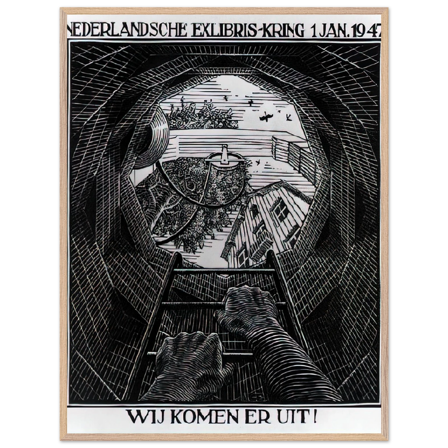 MC Escher - NEW YEAR S GREETING CARD Wall Art - 21x29.7 cm / 8x12" - Premium Wooden Framed Poster With Fine Art Paper - Wood frame