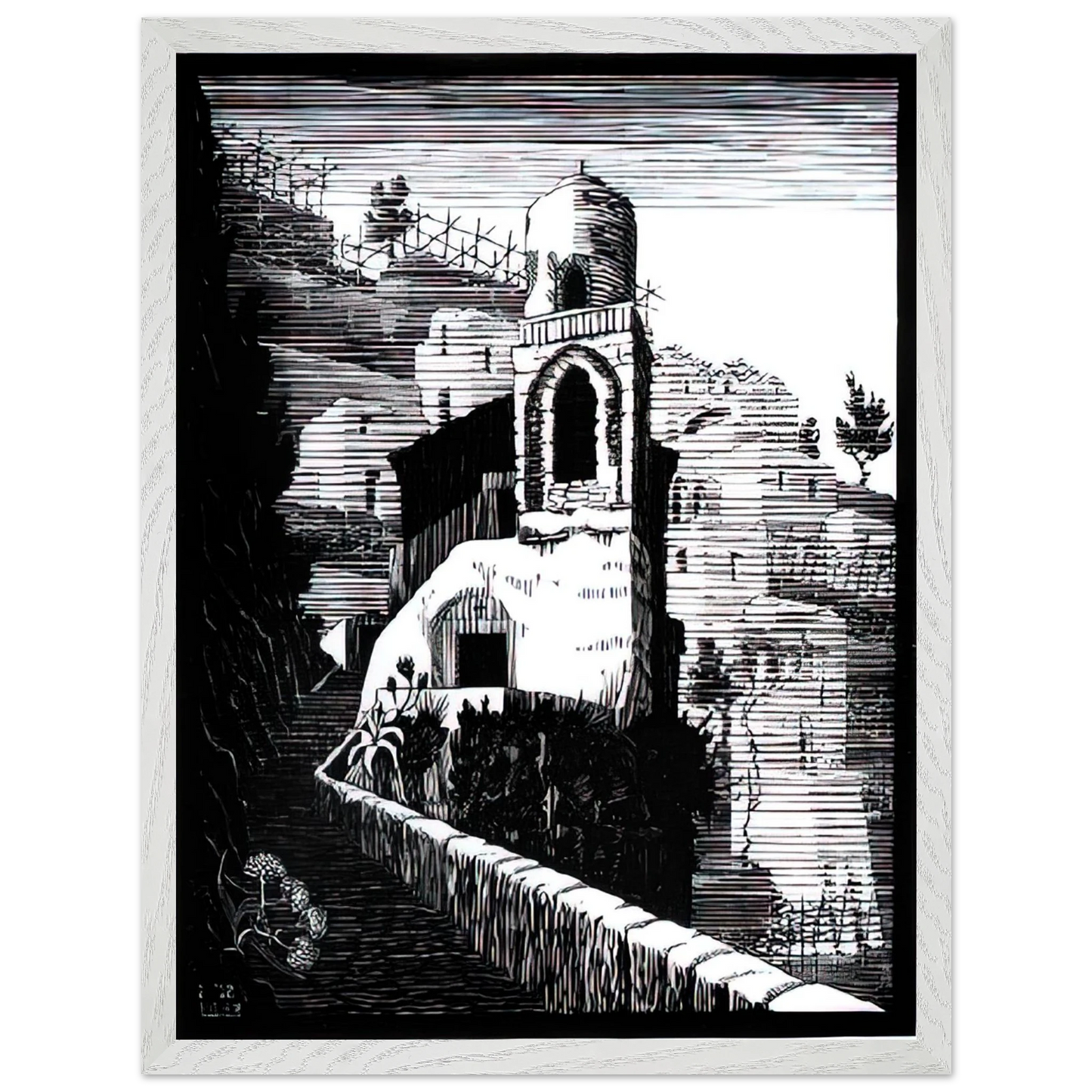 MC Escher - SAN GIOVANNI RAVELLO FEBRUARY 1932 1932 Wall Art - 21x29.7 cm / 8x12" - Premium Wooden Framed Poster With Fine Art Paper - White frame