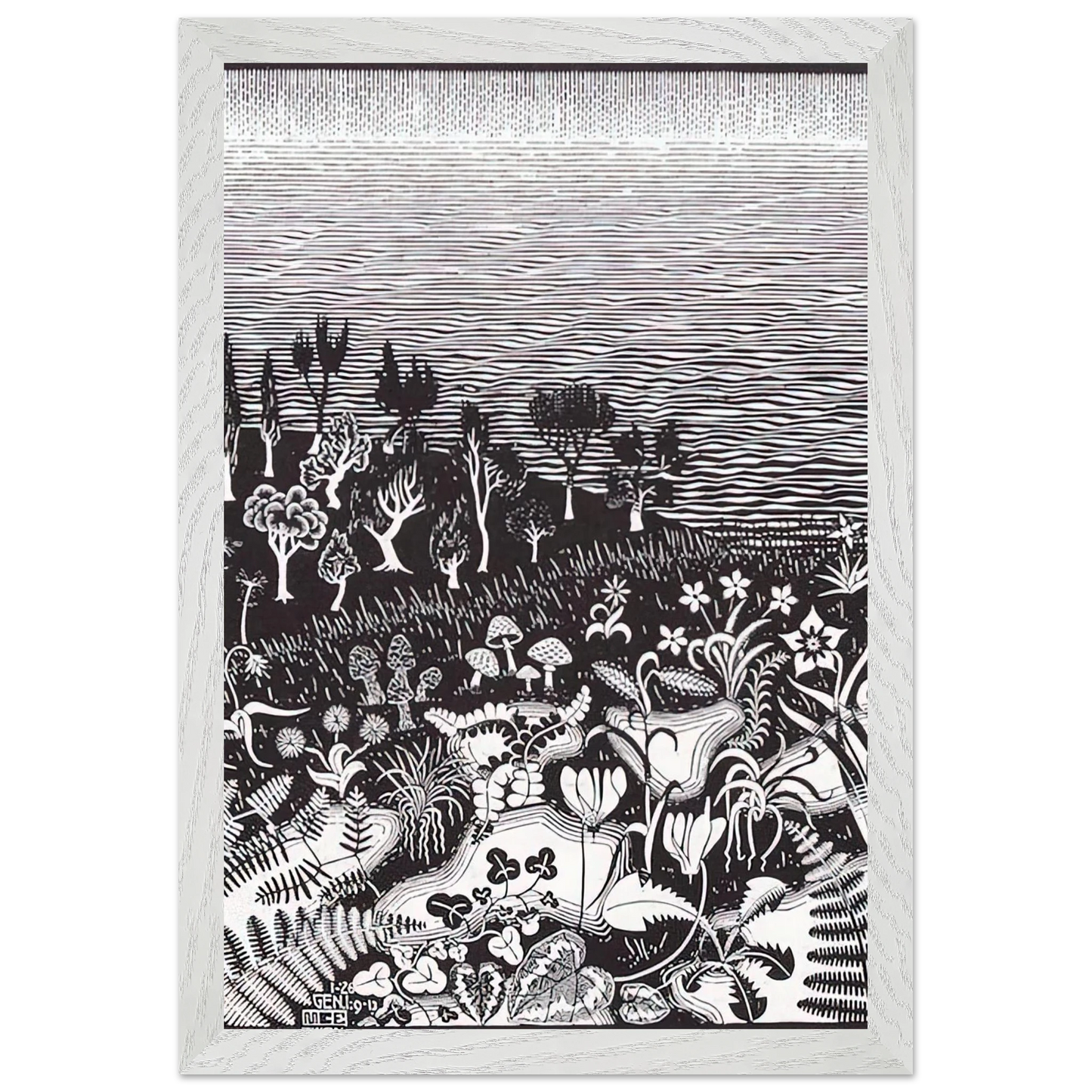 MC Escher - THE 3RD DAY OF THE CREATION Wall Art - 21x29.7 cm / 8x12" - Premium Wooden Framed Poster With Fine Art Paper - Wood frame