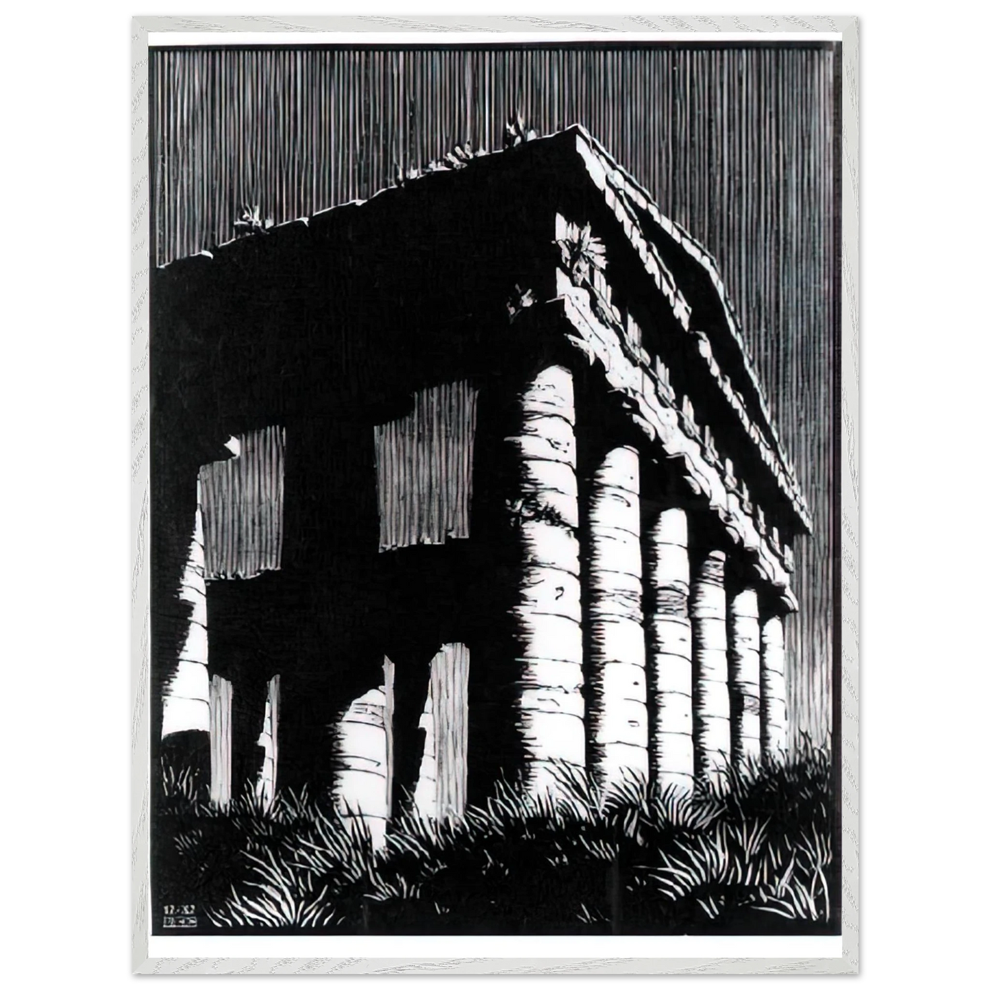 MC Escher - TEMPLE OF SEGESTE SICILY Wall Art - 30x40 cm / 12x16 inches - Premium Wooden Framed Poster With Fine Art Paper - White frame