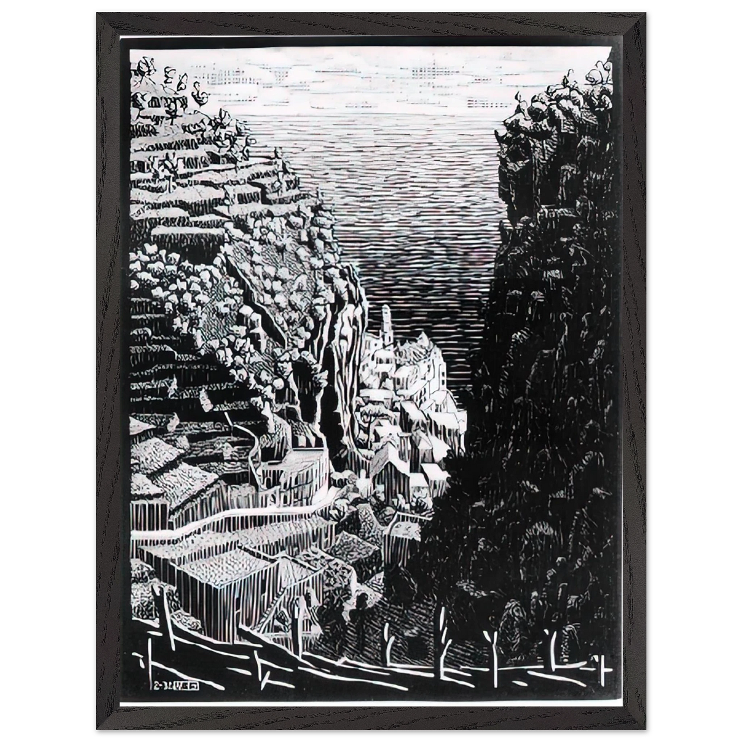 MC Escher - ATRANI COAST OF AMALFI 1 Wall Art - 60x80 cm / 24x32 inches - Premium Wooden Framed Poster With Fine Art Paper - Black frame