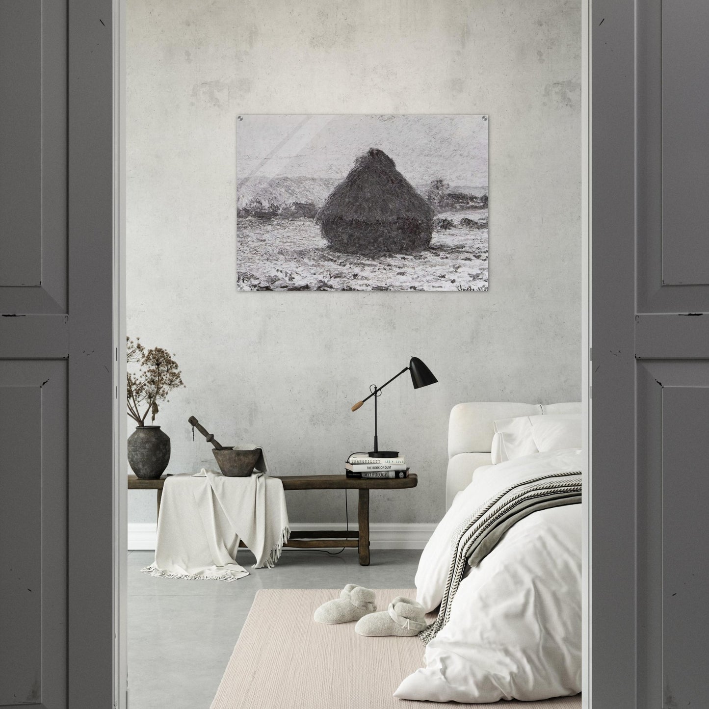 Grainstack in the Sunlight, Snow Effect - claude monet Acrylic Print - 70x100 cm / 28x40″ inches | claude monet Wall Art | claude monet Prints