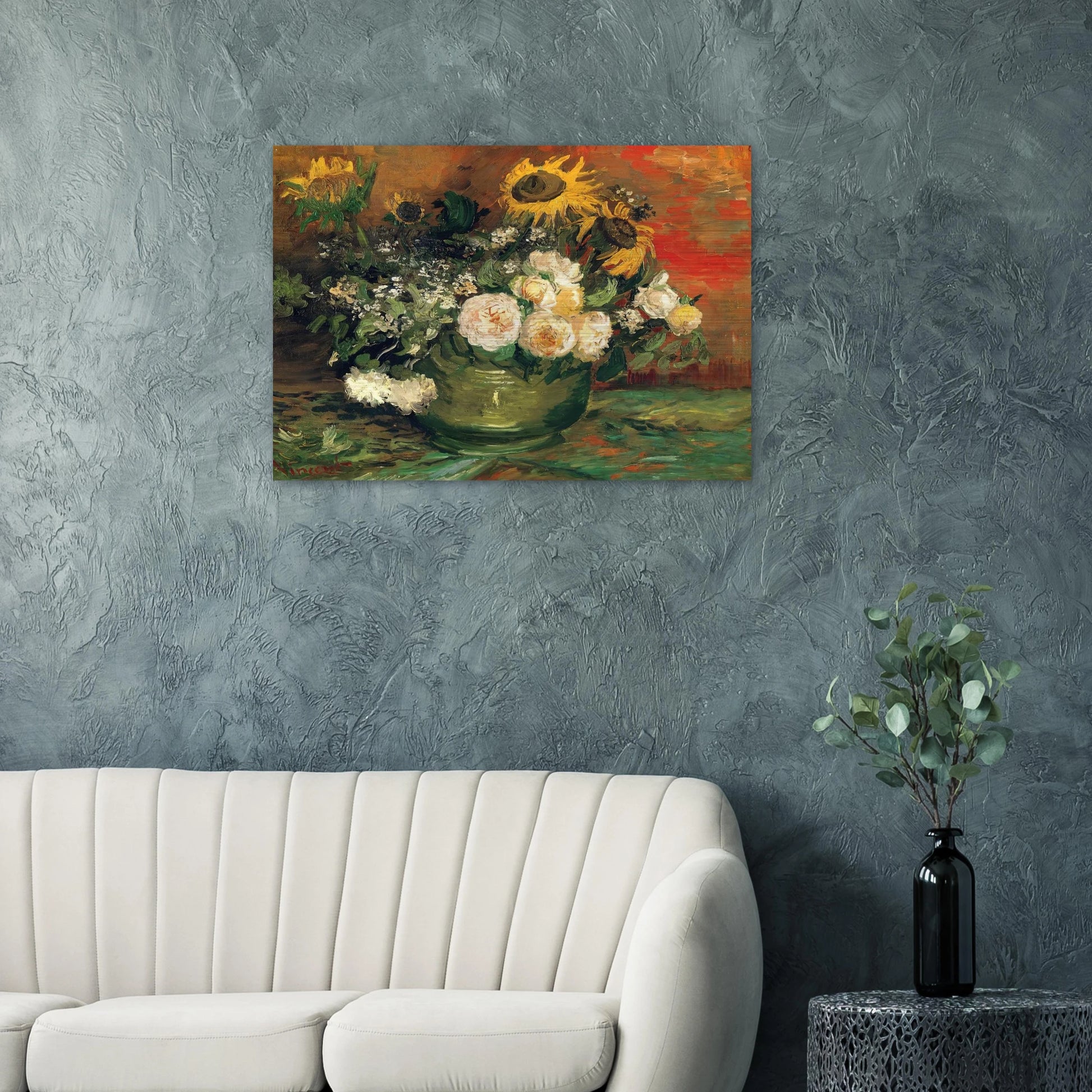 Still Life with Roses and Sunflowers - Vincent van Gogh Brushed Aluminum Print - 70x100 cm / 28x40 inches | Vincent van Gogh Aluminum Print | Vincent van Gogh Prints