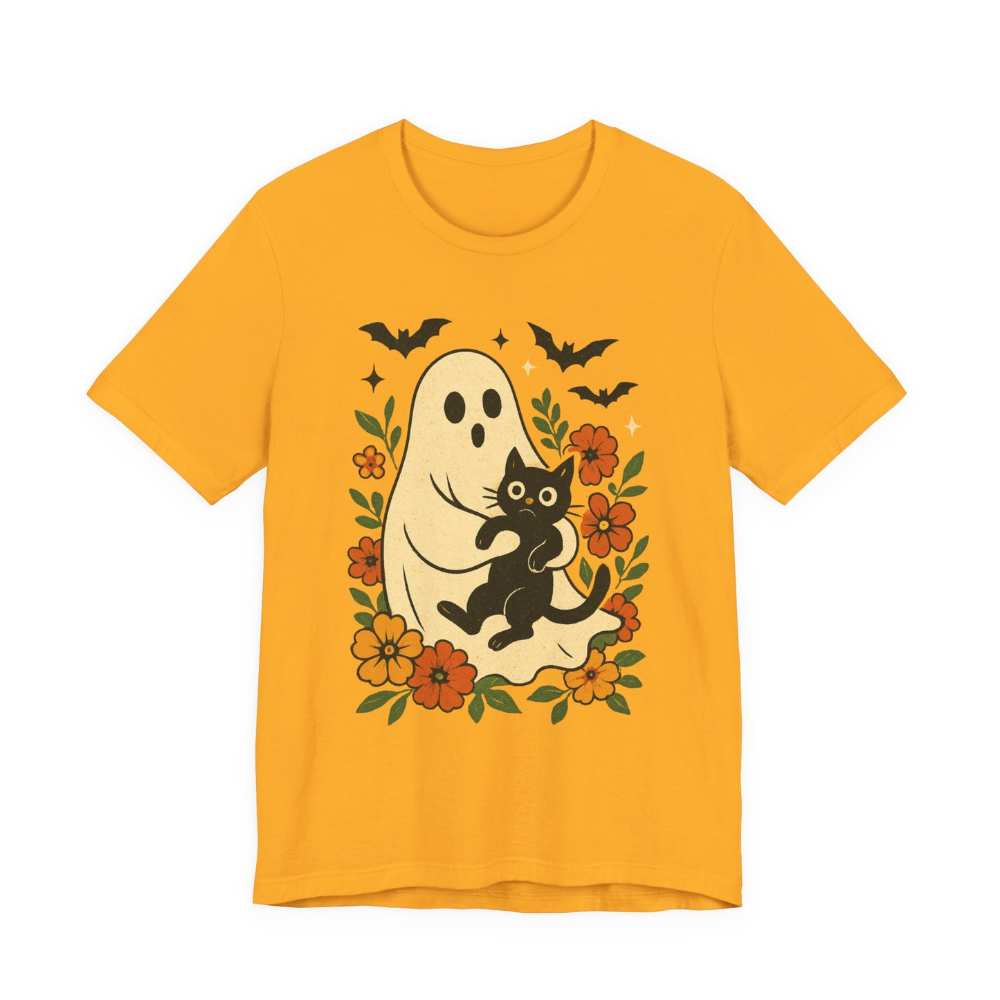 Fantasma Spettrale che tiene un Gatto Nero Fiori Groovy Halloween