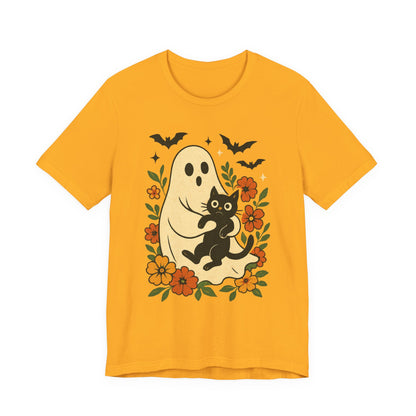 Fantasma Spettrale che tiene un Gatto Nero Fiori Groovy Halloween
