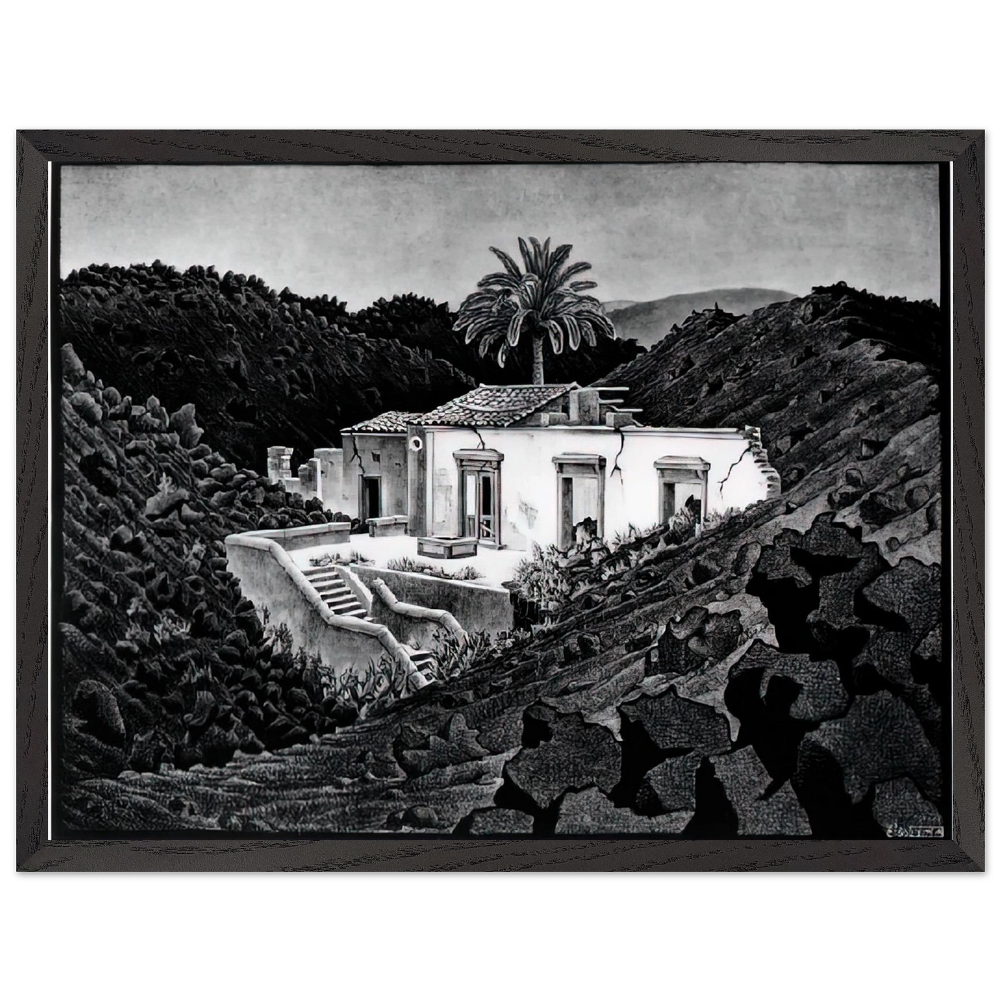 MC Escher - HOUSE IN THE LAVA NEAR NUNZIATA Wall Art - 30x40 cm / 12x16 inches - Premium Wooden Framed Poster With Fine Art Paper - White frame