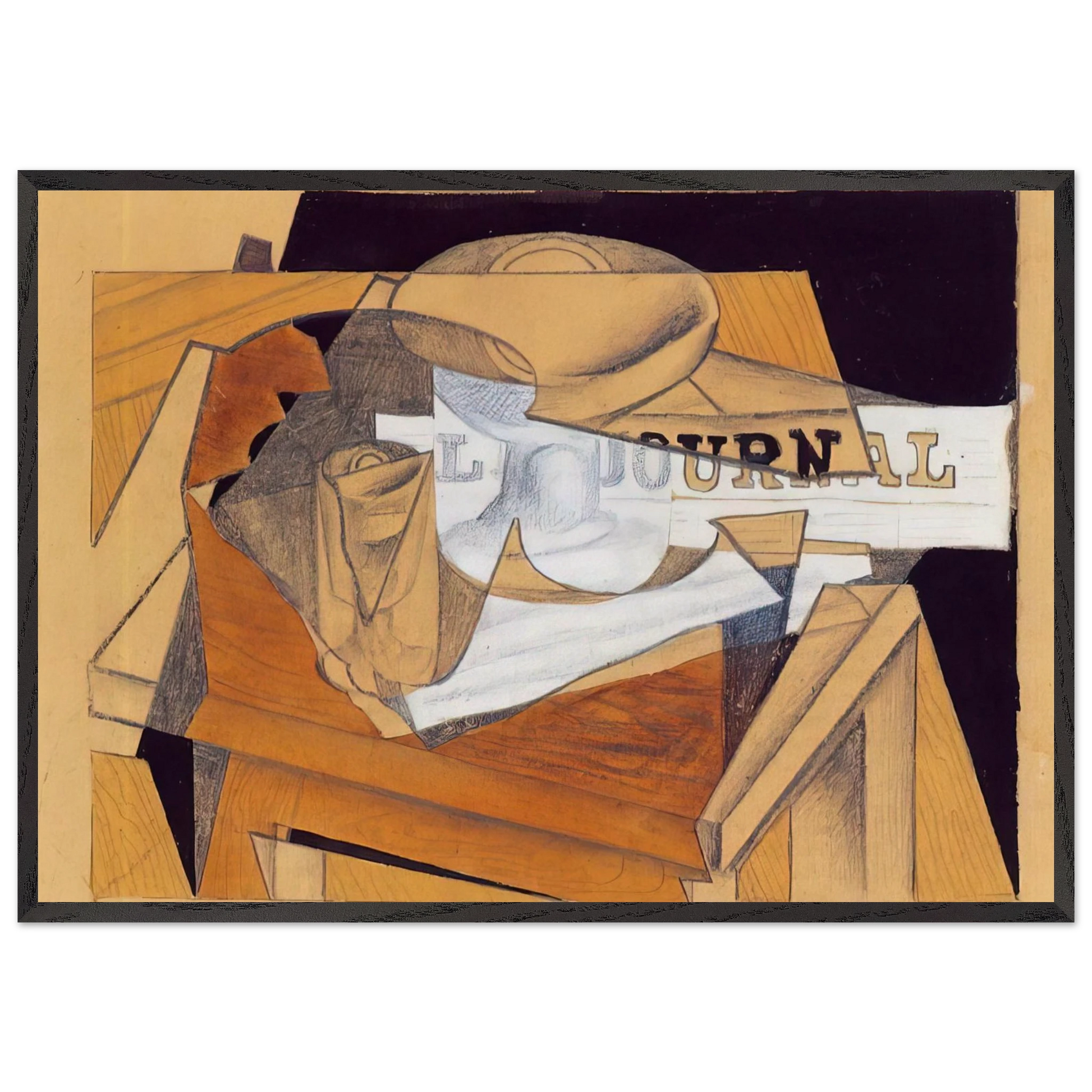 BOWL GLASS AND NEWSPAPER - Juan Gris Framed Art Print – Black Wooden Frame - Default Title - -Framed Art Print