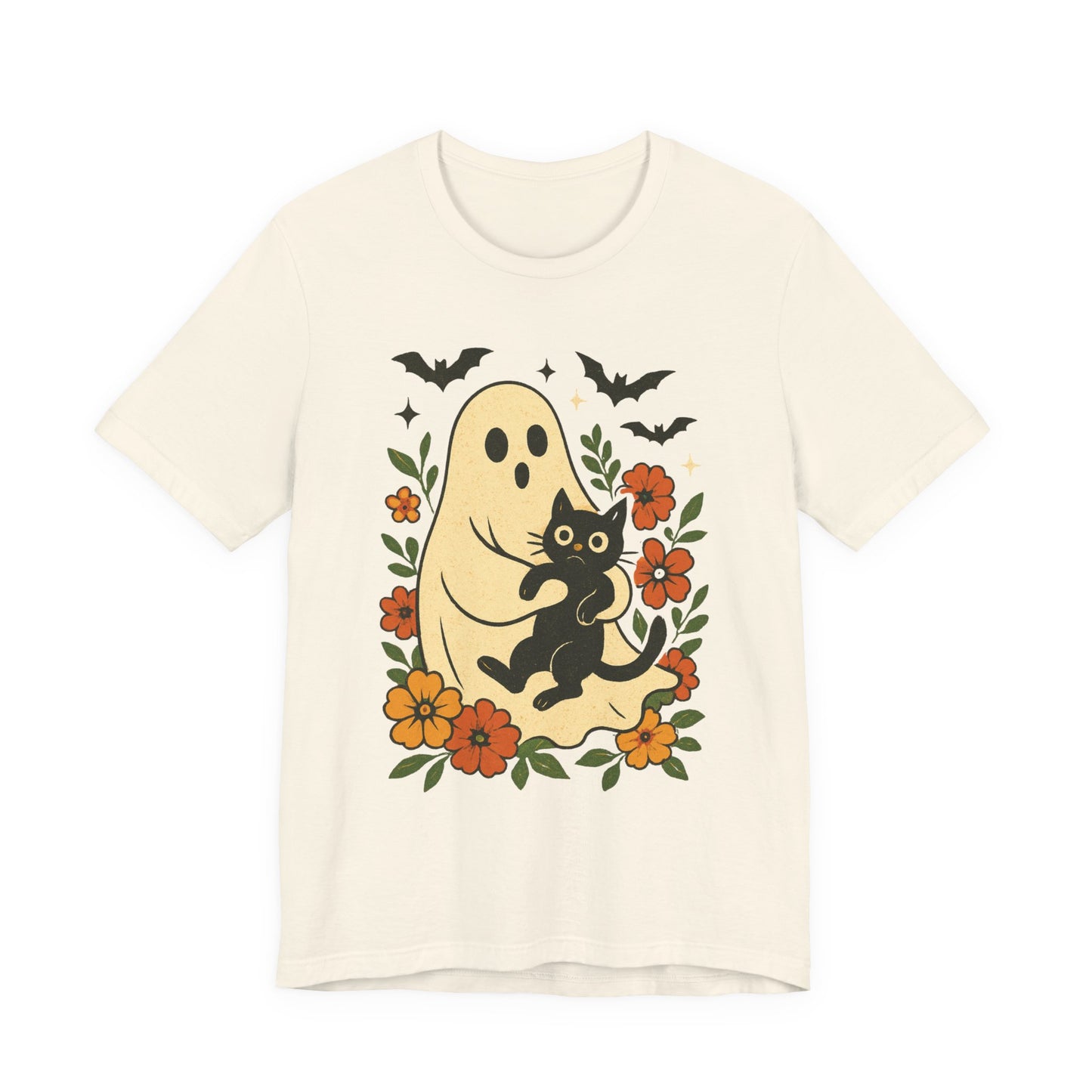 Fantasma Spettrale che tiene un Gatto Nero Fiori Groovy Halloween