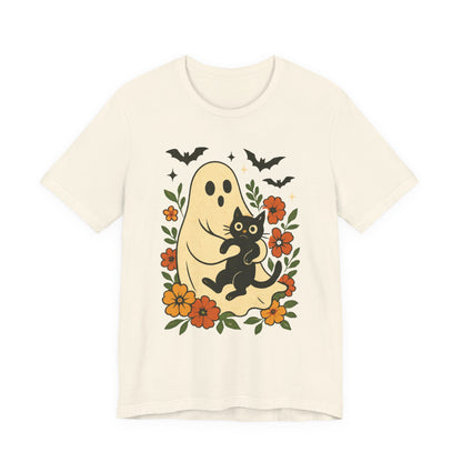 Fantasma Spettrale che tiene un Gatto Nero Fiori Groovy Halloween