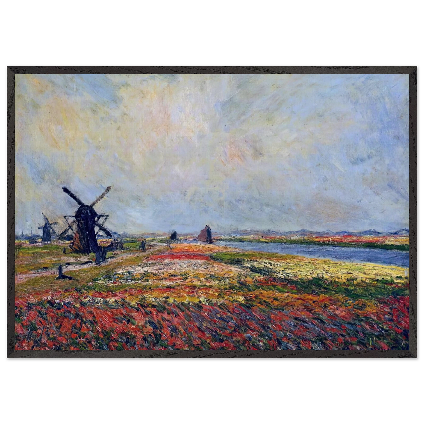 Fields of Flowers and Windmills near Leiden - claude monet Framed Art Print – Black Wooden Frame - Default Title - -Framed Art Print
