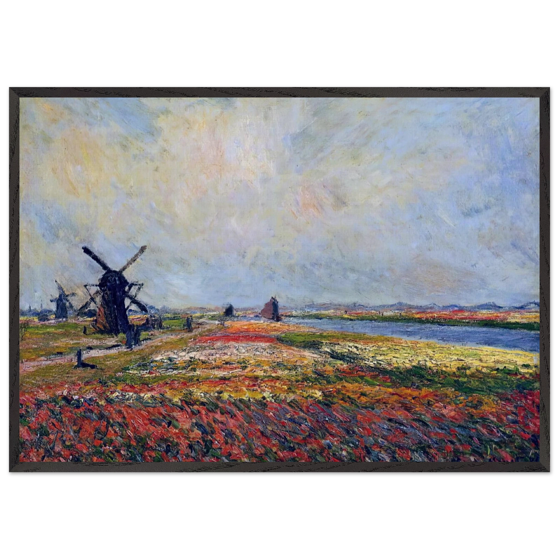 Fields of Flowers and Windmills near Leiden - claude monet Framed Art Print – Black Wooden Frame - Default Title - -Framed Art Print