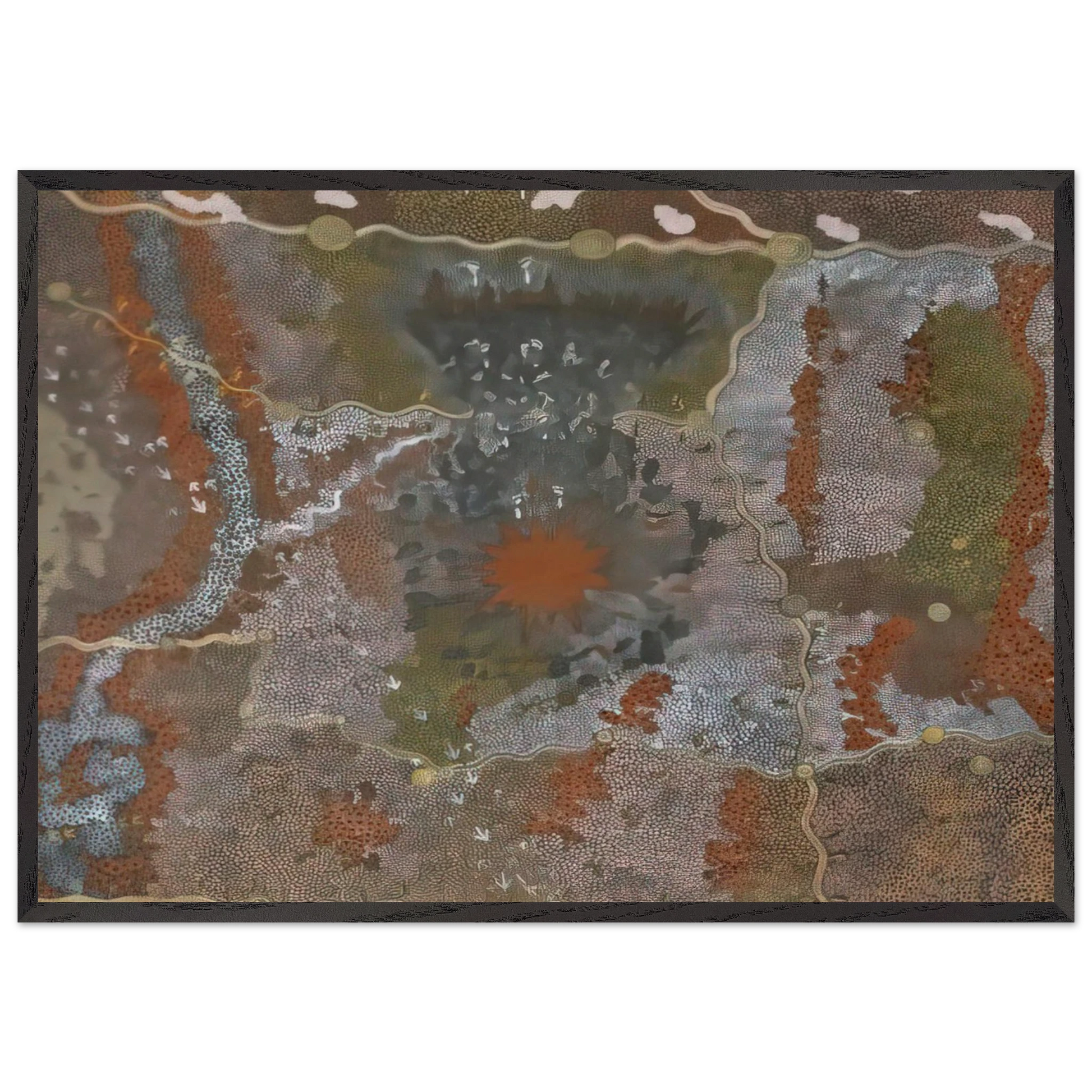 Warlugulong with Tim Leura Tjapaltjarri - 1976 - Clifford Possum Tjapaltjarri Framed Art Print – Black Wooden Frame - Default Title - -Framed Art Print