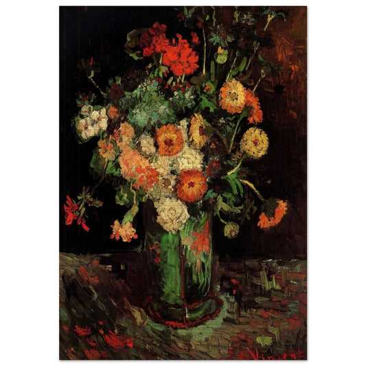 Vase with Zinnias and Geraniums - Vincent van Gogh Brushed Aluminum Print - 70x100 cm / 28x40 inches | Vincent van Gogh Aluminum Print | Vincent van Gogh Prints