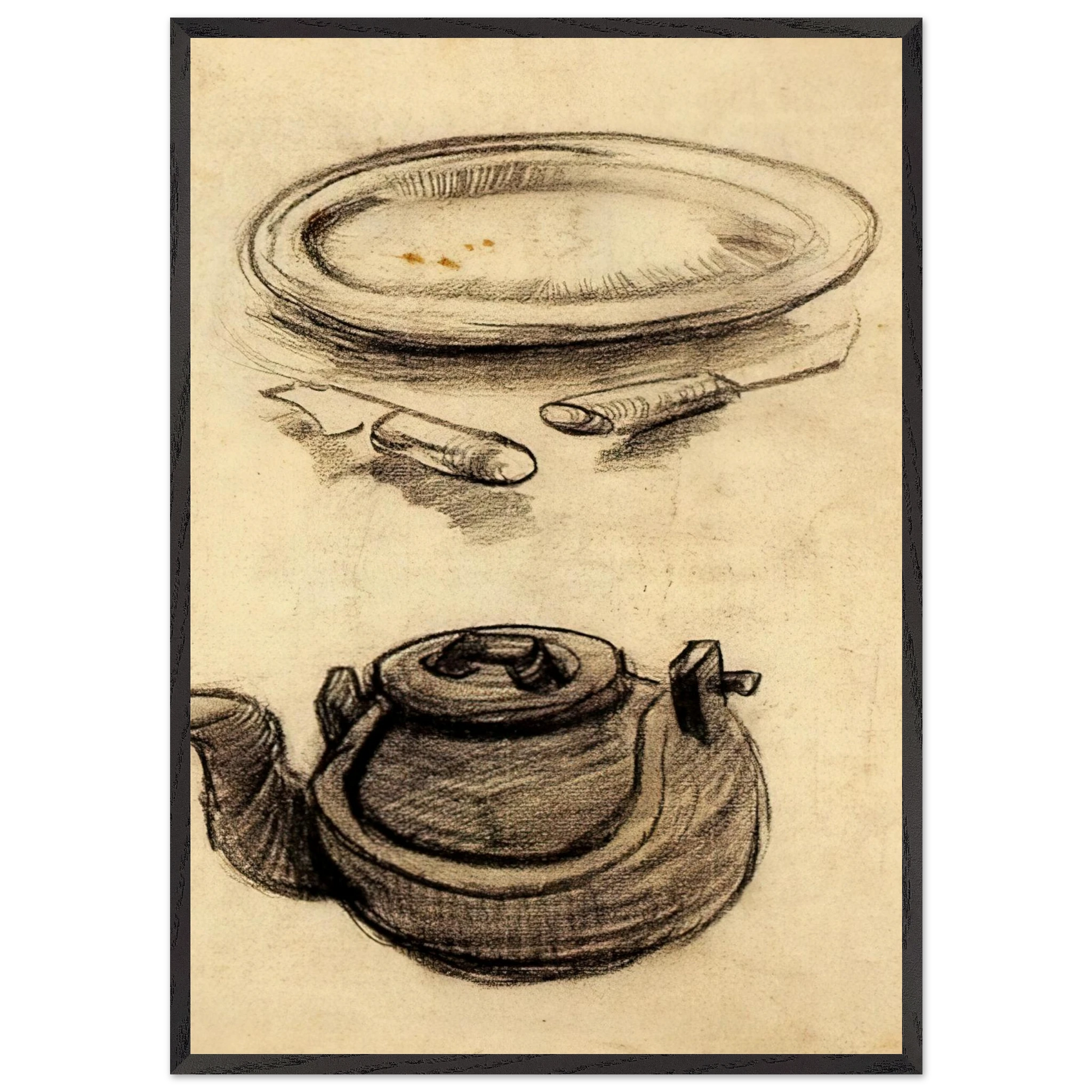 Plate with Cutlery and a Kettle - Vincent van Gogh Framed Art Print – Black Wooden Frame - Default Title - -Framed Art Print