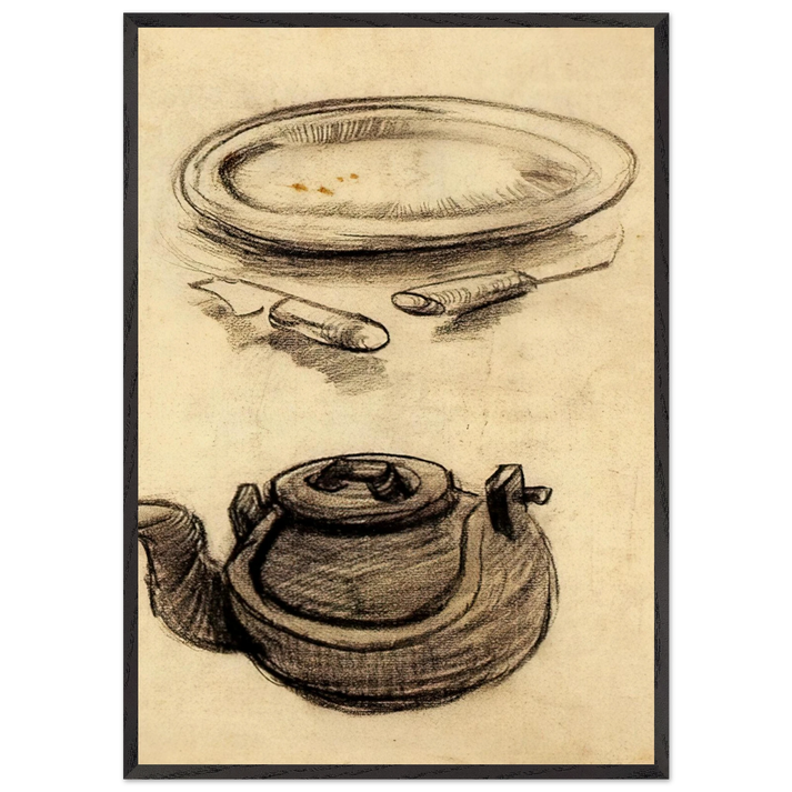Plate with Cutlery and a Kettle - Vincent van Gogh 70x100 cm / 28x40 inches Framed Art Print – Black Wooden Frame
