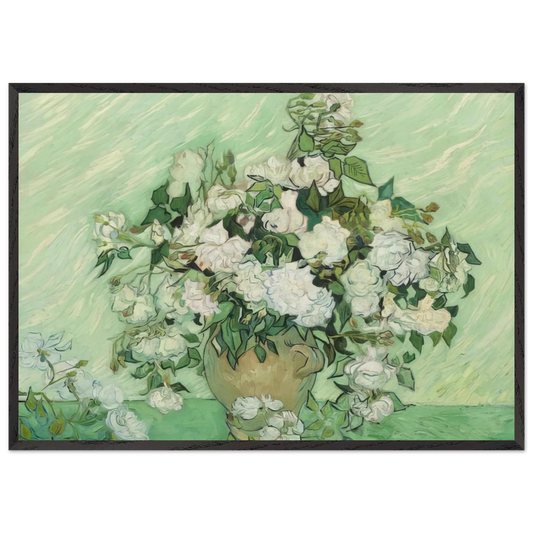 Vase with Pink Roses - Vincent van Gogh 70x100 cm / 28x40 inches Framed Art Print – Black Wooden Frame