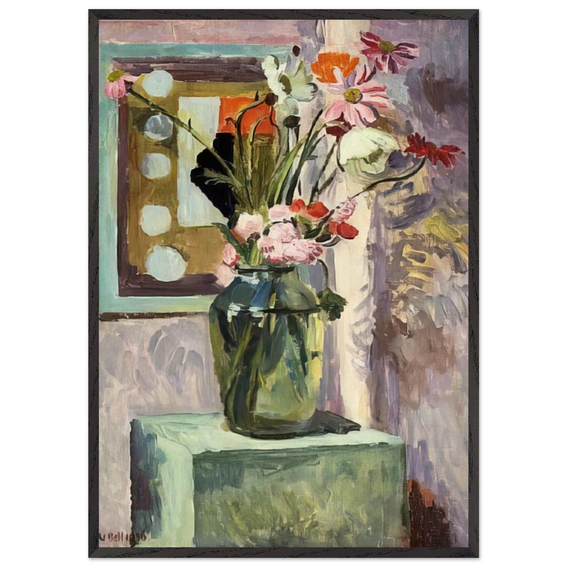 FLOWERS IN A GLASS VASE WITH ABSTRACT NEEDLEWORK DESIGN - Vanessa Bell Framed Art Print – Black Wooden Frame - Default Title - -Framed Art Print