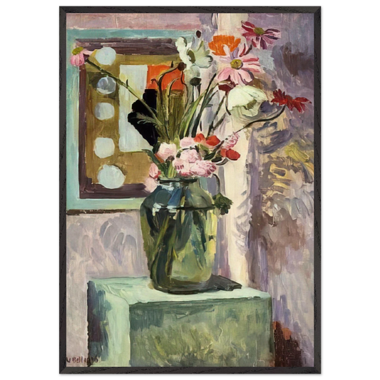FLOWERS IN A GLASS VASE WITH ABSTRACT NEEDLEWORK DESIGN - Vanessa Bell Framed Art Print – Black Wooden Frame - Default Title - -Framed Art Print