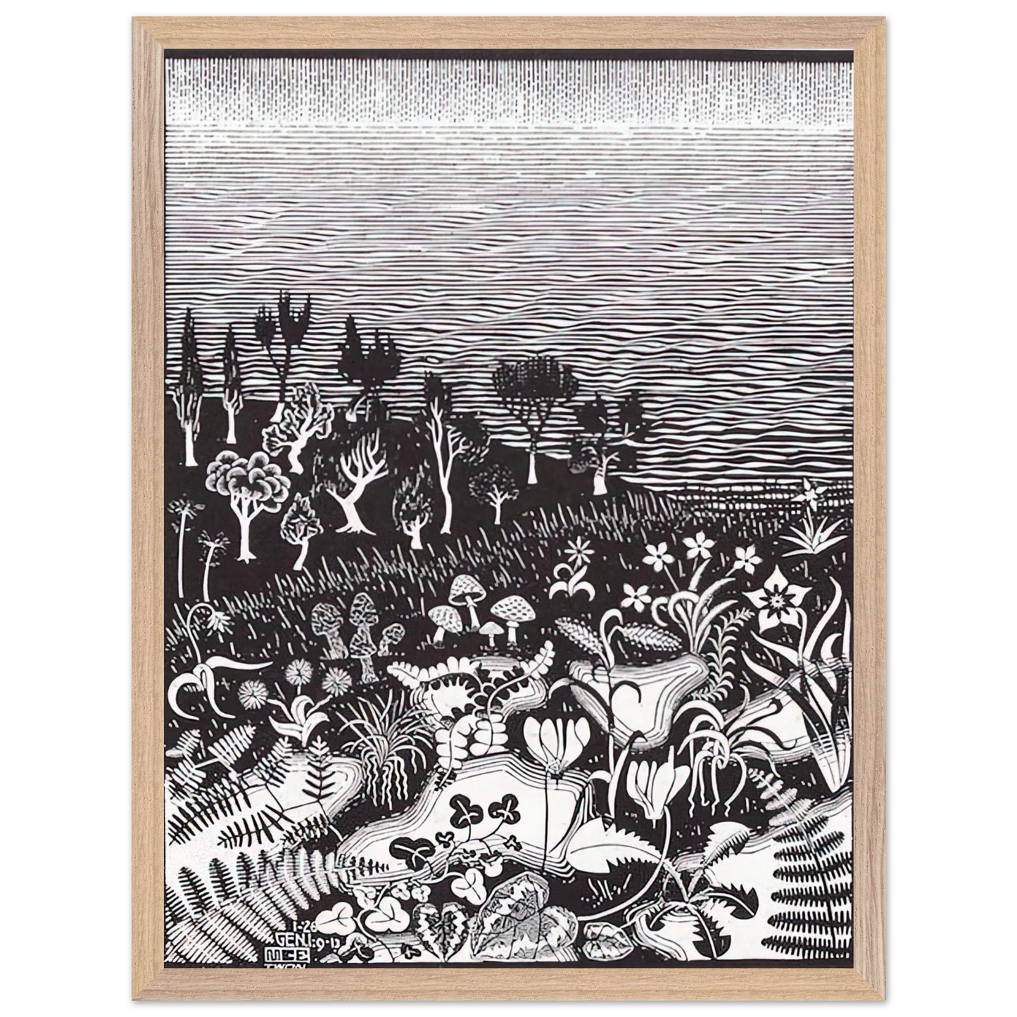 MC Escher - THE 3RD DAY OF THE CREATION Wall Art - 21x29.7 cm / 8x12" - Premium Wooden Framed Poster With Fine Art Paper - Black frame