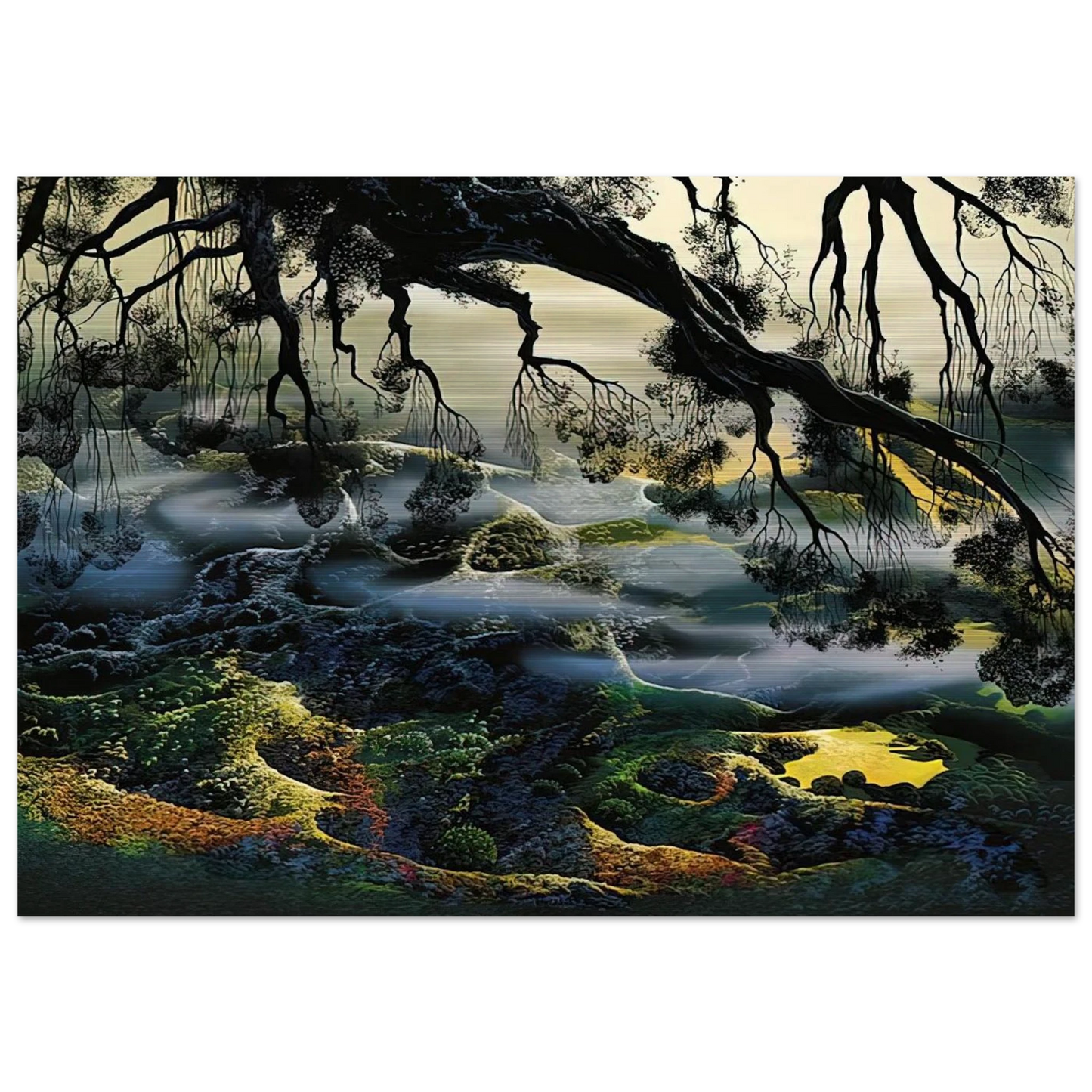 Fog Passes By - Eyvind Earle Brushed Aluminum Print - 70x100 cm / 28x40 inches | Eyvind Earle Aluminum Print | Eyvind Earle Prints
