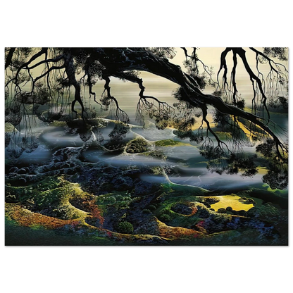 Fog Passes By - Eyvind Earle Brushed Aluminum Print - 70x100 cm / 28x40 inches | Eyvind Earle Aluminum Print | Eyvind Earle Prints