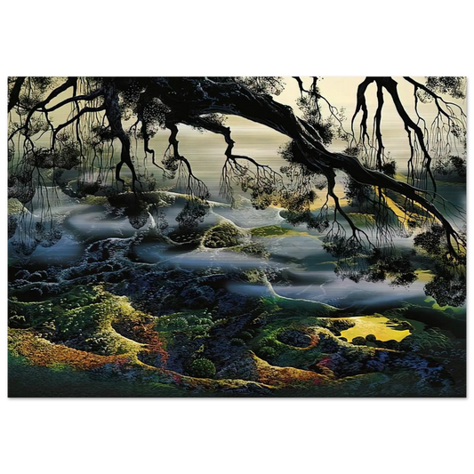 Fog Passes By - Eyvind Earle Brushed Aluminum Print - 70x100 cm / 28x40 inches | Eyvind Earle Aluminum Print | Eyvind Earle Prints