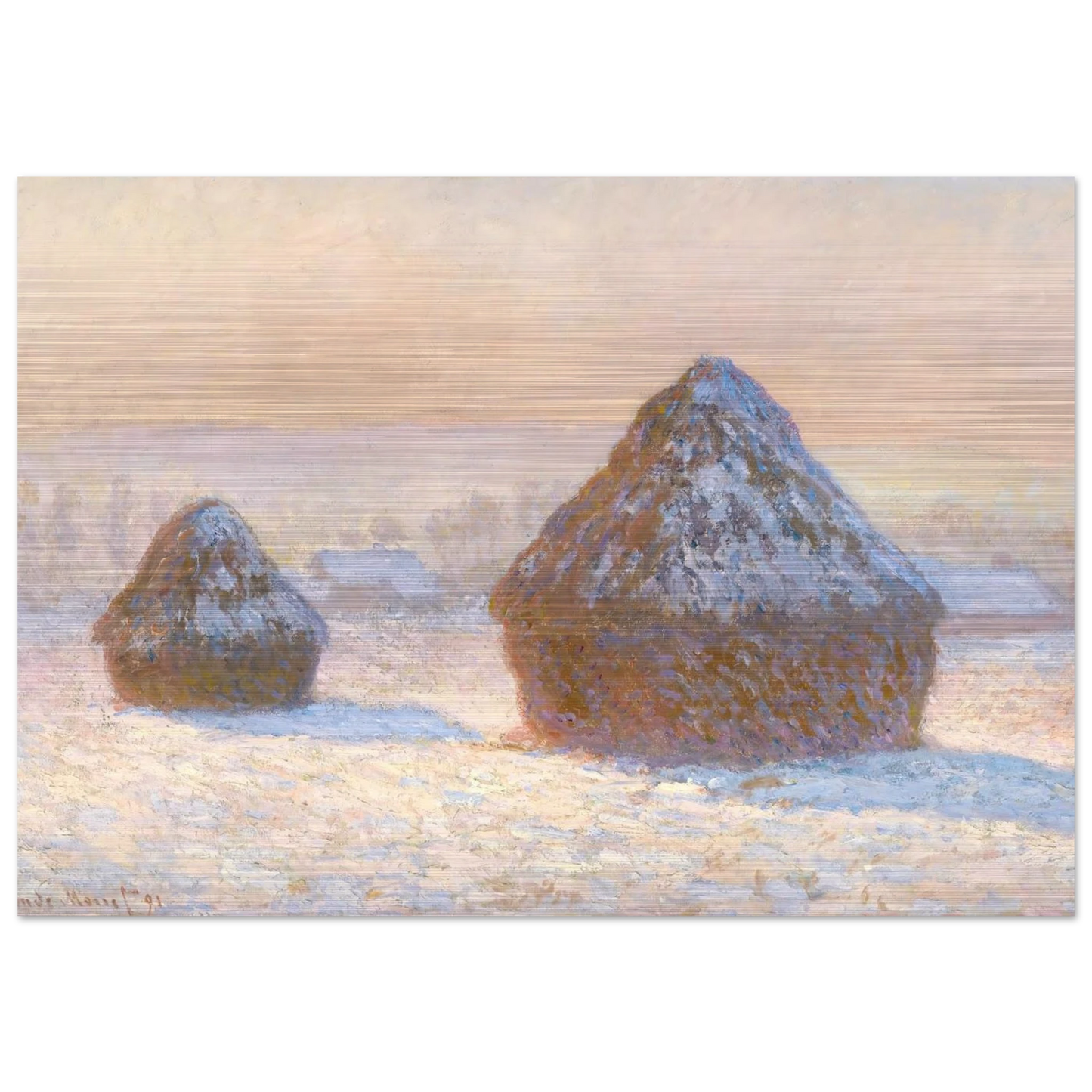 Wheatstacks, Snow Effect, Morning - claude monet Brushed Aluminum Print - 70x100 cm / 28x40 inches | claude monet Aluminum Print | claude monet Prints