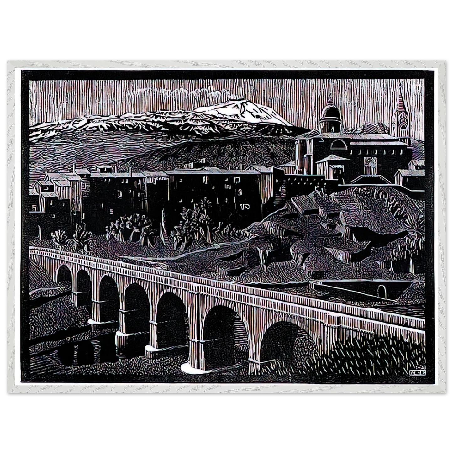 MC Escher - RANDAZZO AND MOUNT ETNA SICILY JANUARY 1933 1933 Wall Art - 60x80 cm / 24x32 inches - Premium Wooden Framed Poster With Fine Art Paper - White frame