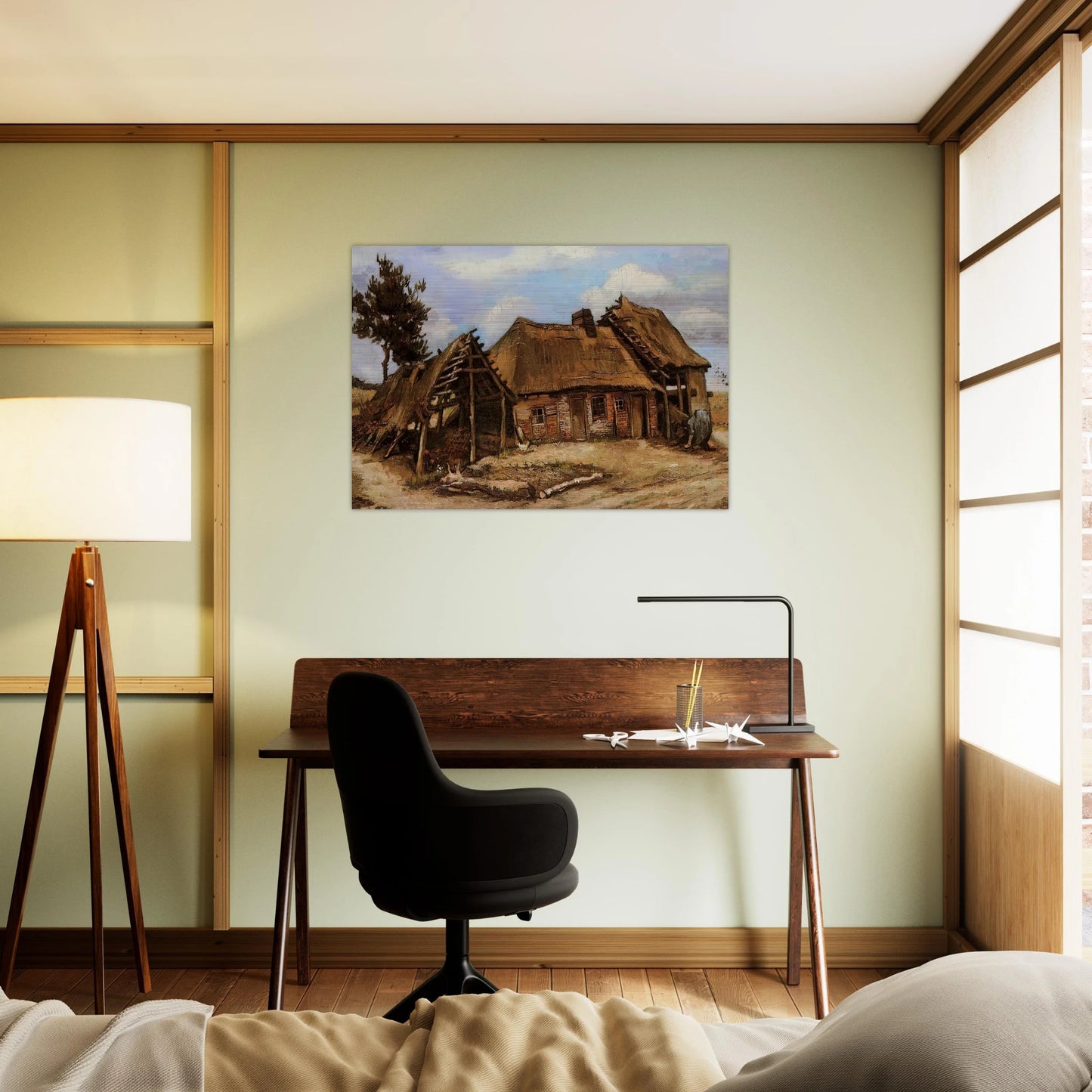 Cottage with Decrepit Barn and Stooping Woman - Vincent van Gogh Brushed Aluminum Print - 70x100 cm / 28x40 inches | Vincent van Gogh Aluminum Print | Vincent van Gogh Prints