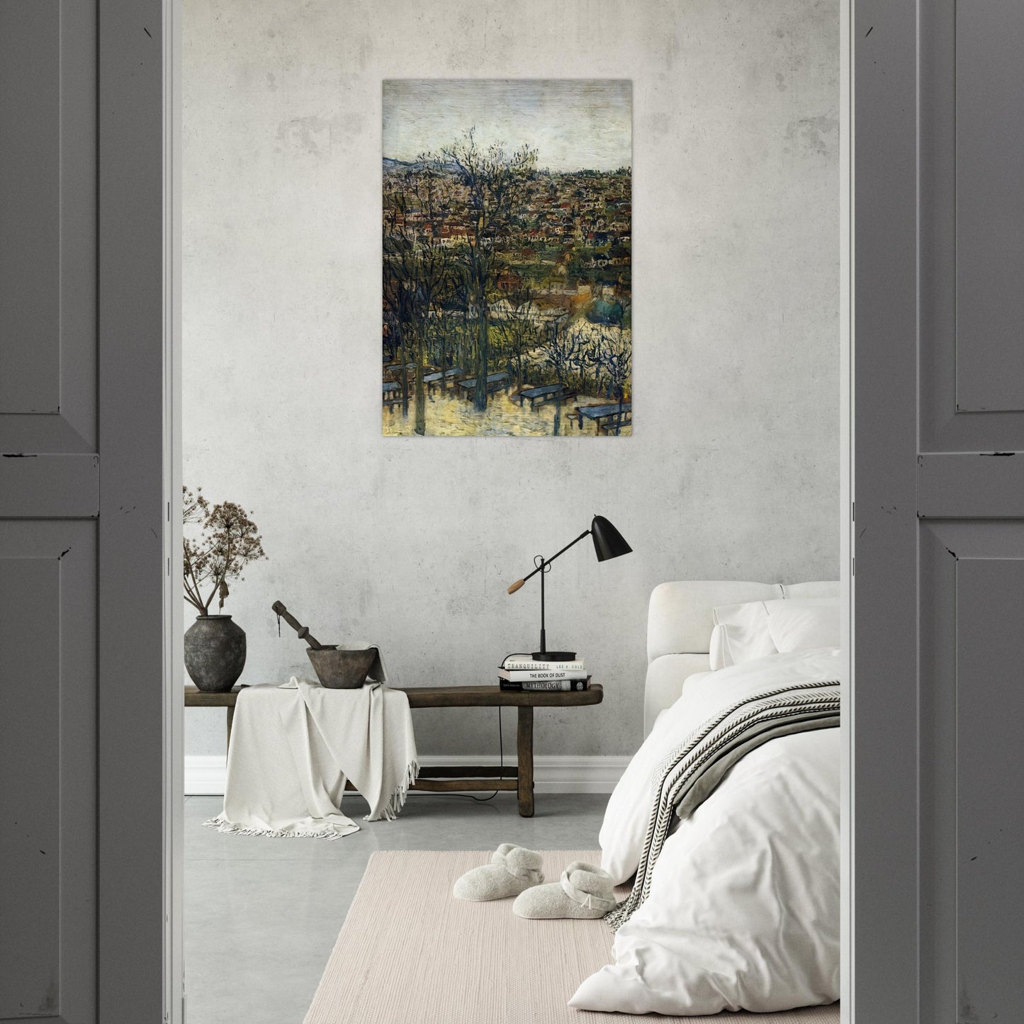 BENCHES AT MONTMAGNY VAL D OISE - Maurice Utrillo Brushed Aluminum Print - 70x100 cm / 28x40 inches | Maurice Utrillo Aluminum Print | Maurice Utrillo Prints