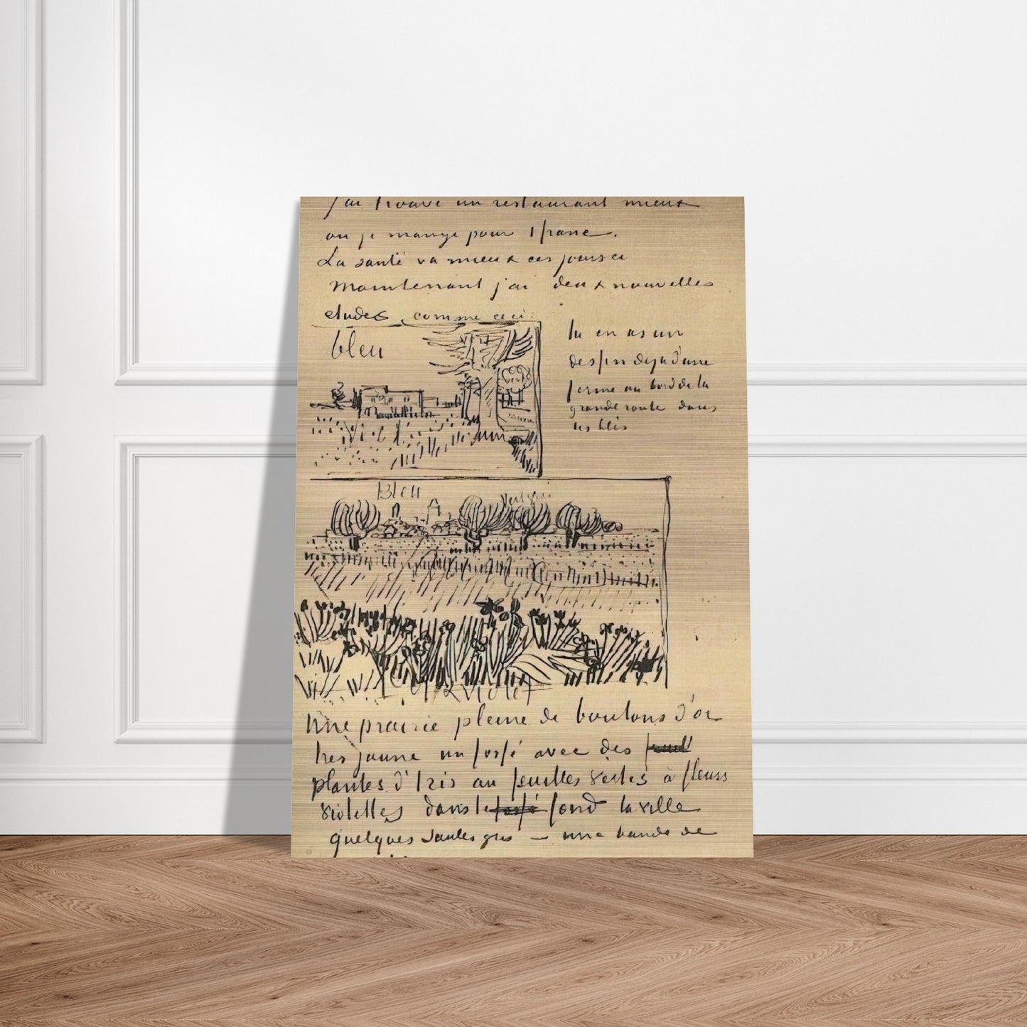 Farmhouse with Wheat Field along a Road and Field with Flowers - Vincent van Gogh Brushed Aluminum Print - 70x100 cm / 28x40 inches | Vincent van Gogh Aluminum Print | Vincent van Gogh Prints