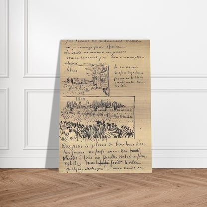 Farmhouse with Wheat Field along a Road and Field with Flowers - Vincent van Gogh Brushed Aluminum Print - 70x100 cm / 28x40 inches | Vincent van Gogh Aluminum Print | Vincent van Gogh Prints