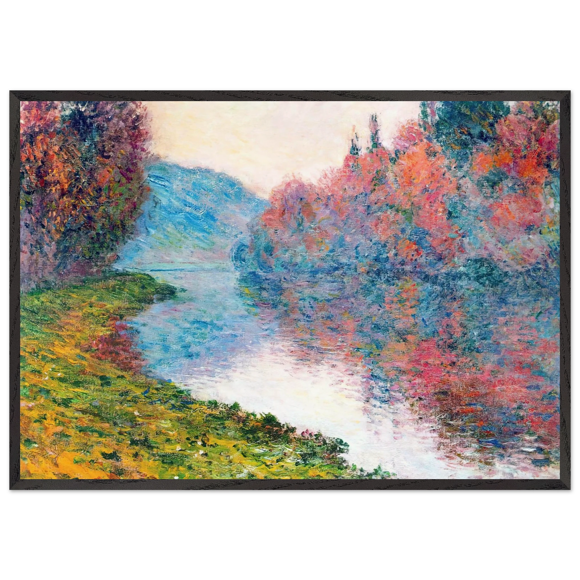 Banks of the Seine at Jenfosse - Clear Weather - claude monet Framed Art Print – Black Wooden Frame - Default Title - -Framed Art Print