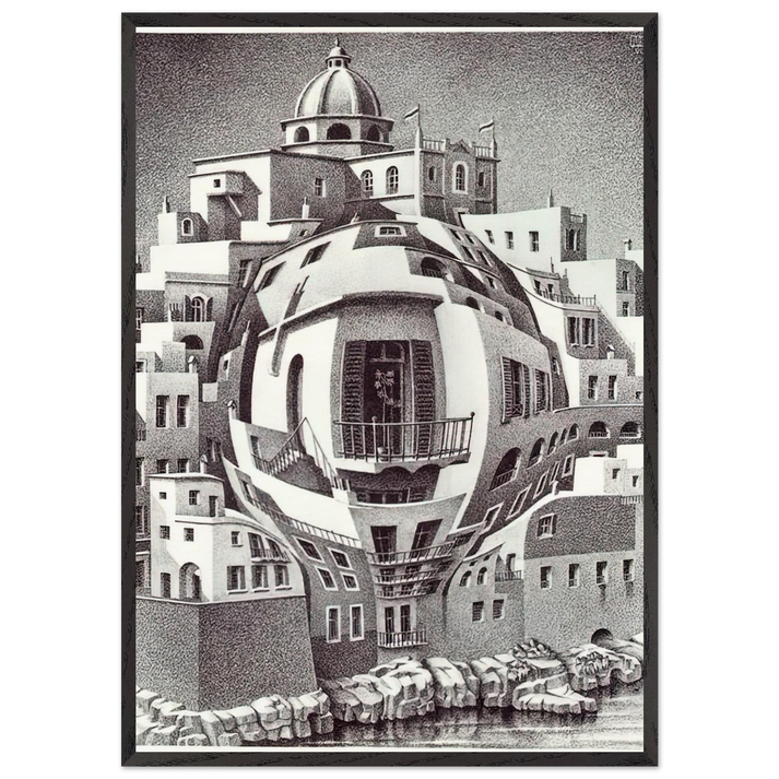BALCONY - MC Escher 70x100 cm / 28x40 inches Framed Art Print – Black Wooden Frame | Maurits Cornelis Escher Prints