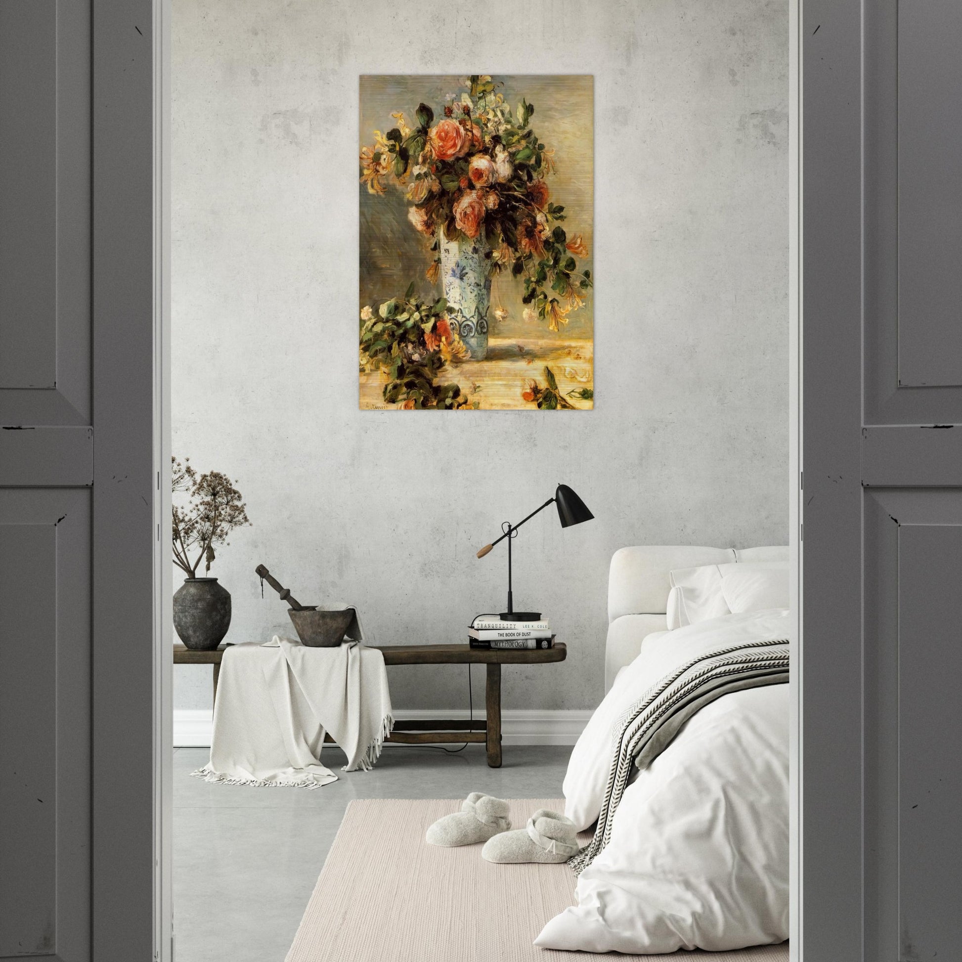 Roses and Jasmine in a Delft Vase - Pierre-Auguste Renoir Brushed Aluminum Print - 70x100 cm / 28x40 inches | Pierre-Auguste Renoir Aluminum Print | Pierre-Auguste Renoir Prints