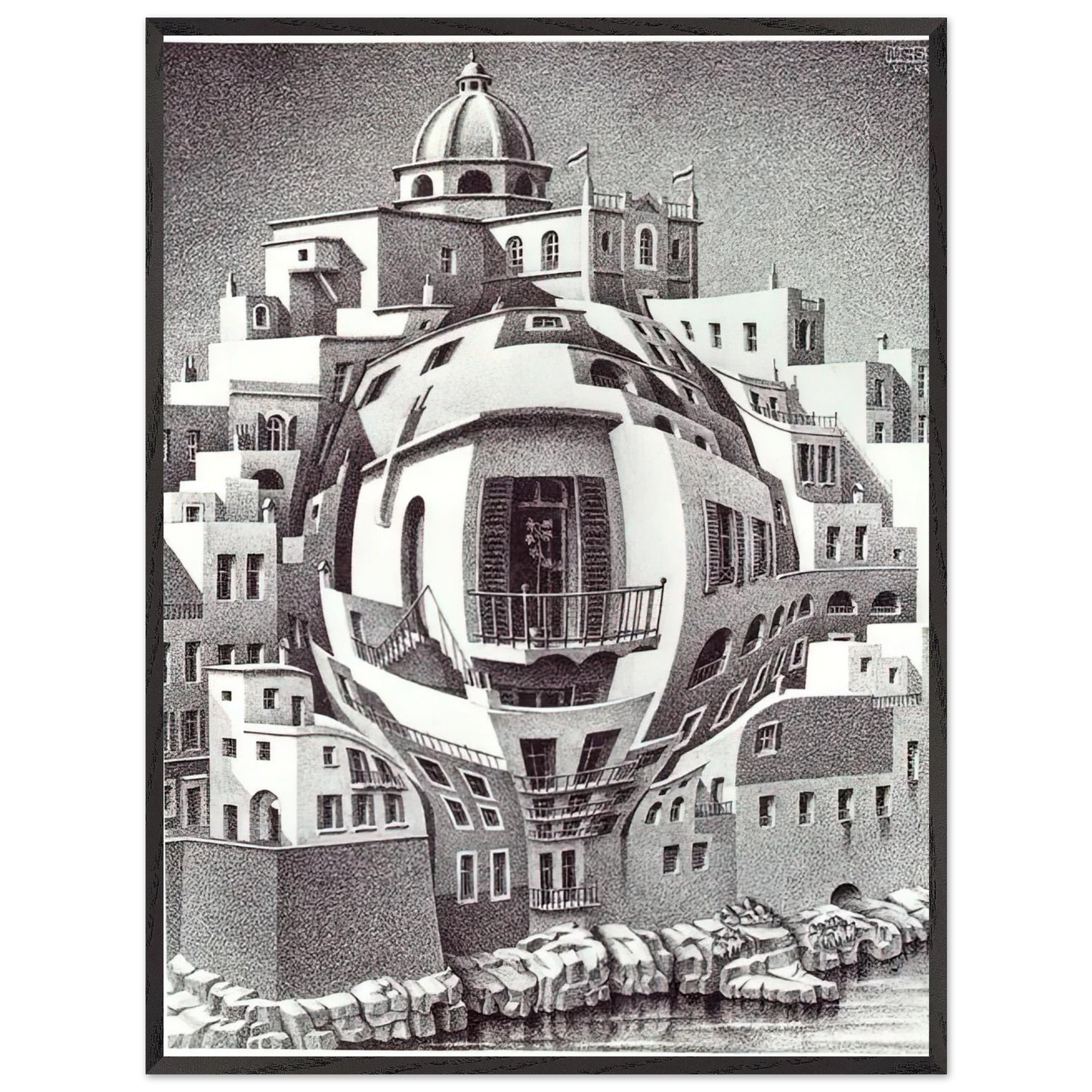 MC Escher - BALCONY Wall Art - 30x40 cm / 12x16 inches - Premium Wooden Framed Poster With Fine Art Paper - Black frame
