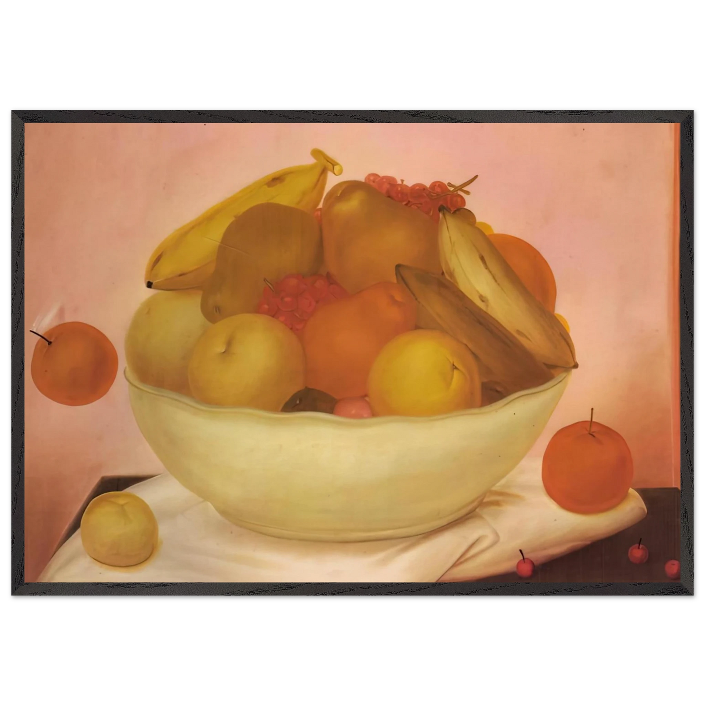 STILL LIFE WITH ORANGE FALLING - Fernando Botero Framed Art Print – Black Wooden Frame - Default Title - -Framed Art Print