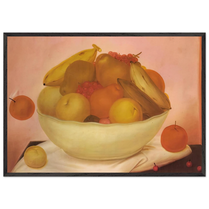 STILL LIFE WITH ORANGE FALLING - Fernando Botero 70x100 cm / 28x40 inches Framed Art Print – Black Wooden Frame